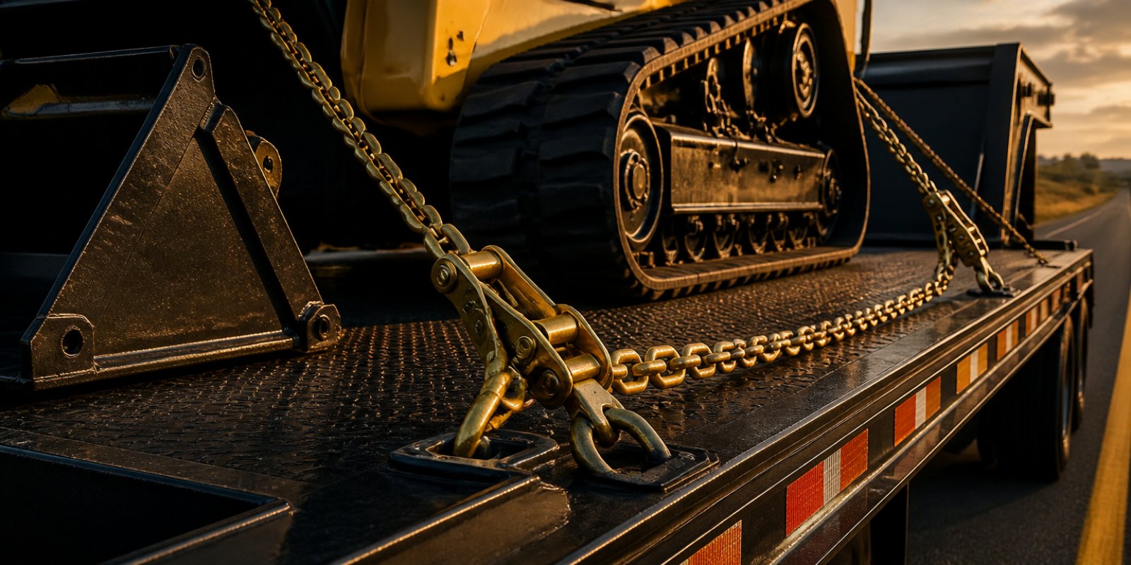 Transport chains and ratchet load binders pulled tight over the steel track of a compact track loader, hooked into tie-down points on the flatbed deck, on the road at golden hour.