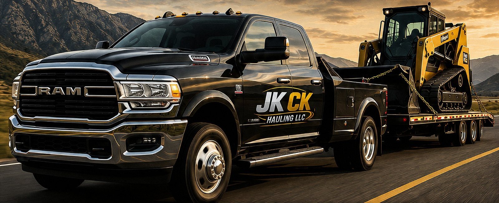 The client's supplied key visual: black RAM dually on open highway pulling a gooseneck flatbed with a CAT compact track